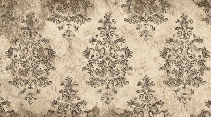 Aged, distressed wallpaper with a repeating damask pattern