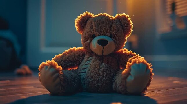 Lonely Teddy Bear on the Floor in Warm Light &ndash; Childhood Memory and Emptiness