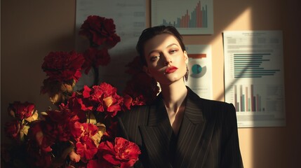 Personification of flowers. A female model in a black suit stands before graphs and charts. Photographic illustration. A photo depicting the hardships of a demanding workplace. AI-generated.