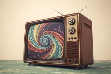 Vintage TV with Abstract Vortex Display Retro Charm Meets Surreal Art in 8K