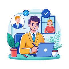 Professional Boss Taking Notes During Video Call Conference – Remote Work Vector Illustration for Office, Business, and Communication Projects