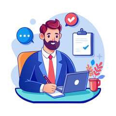 Professional Boss Taking Notes During Video Call Conference – Remote Work Vector Illustration for Office, Business, and Communication Projects