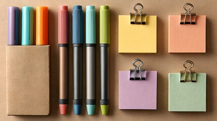 Organized Stationery Arrangement: Pens, Paper, and Notebooks on Brown Backdrop