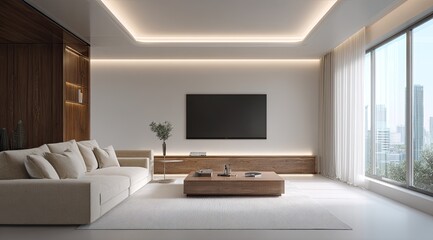 Modern, minimalist living room with large windows, featuring a beige couch, dark wood accents, and a blank TV