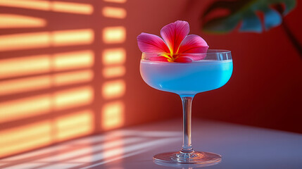 Tropical blue cocktail with a vibrant pink flower garnish, artfully presented with striking window blind shadows on a warm background, evoking a serene summer evening ambiance