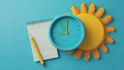 A light teal clock, a yellow sun, and a notepad with pencil, on a teal background, suggest planning for a sunny day