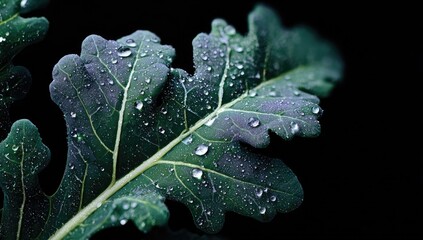 Close-up of a water-drenched kale leaf.  Dark, deep green leaf with prominent water droplets, highlighting leaf texture and veins.  Black background isolates the leaf