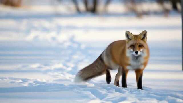 Vibrant red fox gracefully walks through a snowy winter landscape as sun casts long shadows