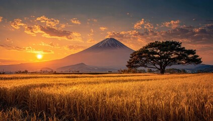 Golden sunset over a field, with a majestic mountain silhouette
