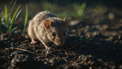 Close-up of a Small Brown Mouse in Dark Soil with Green Grass rodent small animal