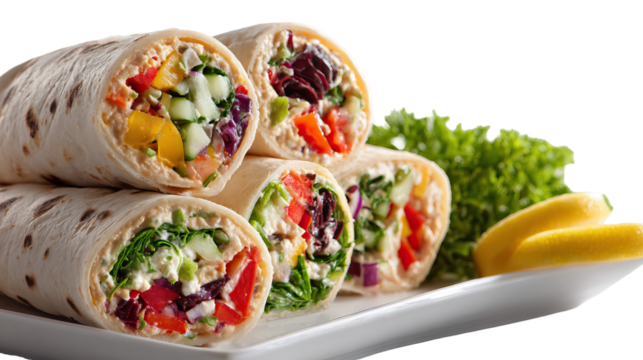 Colorful veggie wraps with hummus filling stacked on transparent background

