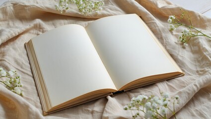 Ai generated image of open book with blank pages on linen fabric with white flowers mockup