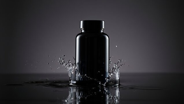 Ai generated image of black supplement bottle with water splashing around it in a dark studio shot