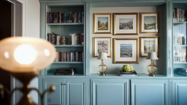 Elegant Blue Library Wall with Framed Landscape Artwork and Symmetrical Tabletop Decor