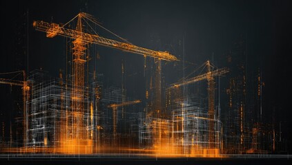 Abstract cityscape of construction, digital rendering of cranes and buildings in a wireframe style.  Orange-tinted,  transparent lines and structures against a dark background