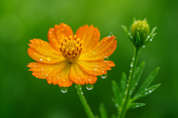 Orange Cosmos Blooming: A close-up shot of a vibrant orange cosmos flower, adorned with glistening raindrops, radiates beauty against a blurred green backdrop.