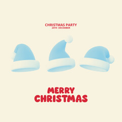 Minimal Christmas poster with blue halftone Santa hats and red typography. Clean vector layout for holiday cards, festive invitations, and seasonal party promotions.