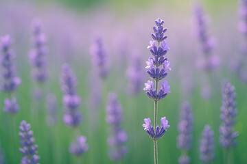 Obraz premium Lavender Field Serenity: A close-up shot of a lavender flower captures the enchanting essence of a vast lavender field bathed in soft light.