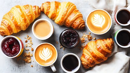 Overhead rustic coffee scene with golden croissants, colorful jam jars, and delicate porcelain cups, soft diffused light highlighting textures and crumbs, linen fabric adding warmth