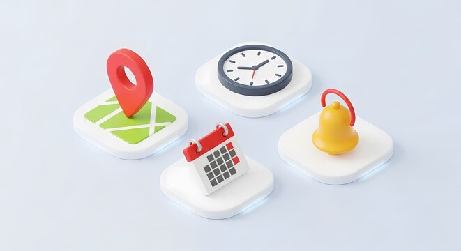 Collection of 3D icons Map location pin, analog clock, calendar, and notification bell on white platforms, representing time, schedules, and reminders for app interface elements and website design