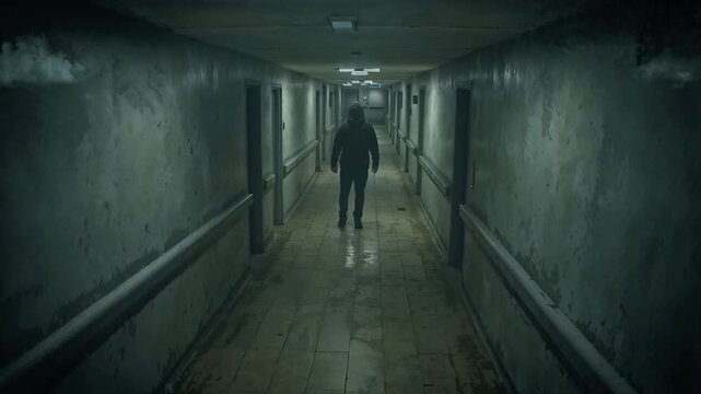Surveillance Camera Captures Mysterious Hooded Person Moving Inside Empty Building Corridor

