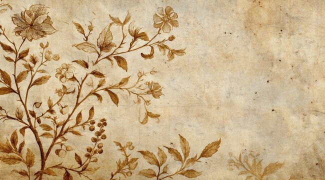 Aged parchment paper background, adorned with delicate sepia floral illustrations - Powered by Adobe