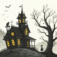Spooky victorian mansion with a witch and bats on a hill