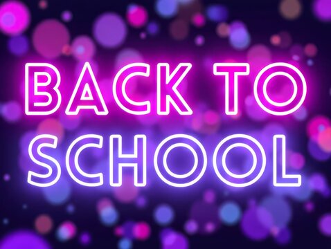 Back to school is written in neon purple letters. The image is a neon sign that is glowing in the dark.