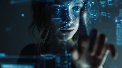 a futuristic AI-powered interface displayed on a holographic screen, woman hand interacting with virtual data, sci-fi lighting, clean digital concept, highly detailed
