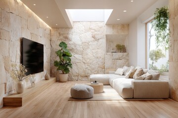 Modern, light-filled living room with natural stone walls