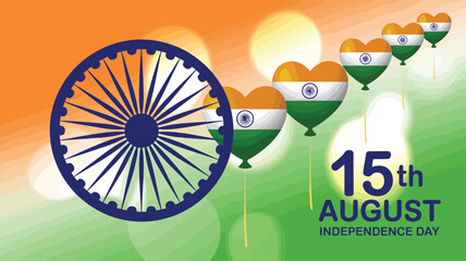 India Independence Day Poster with Large Ashoka Chakra, Heart-Shaped Tricolor Balloons, Orange-Green Gradient Background, and August 15 Text