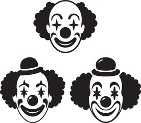 Three stylized clown faces silhouette