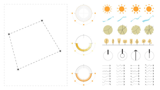 architecture site analysis symbol icon element drawing graphic flat isolated vector. architecture element line sun wind sound sun path vegetation.