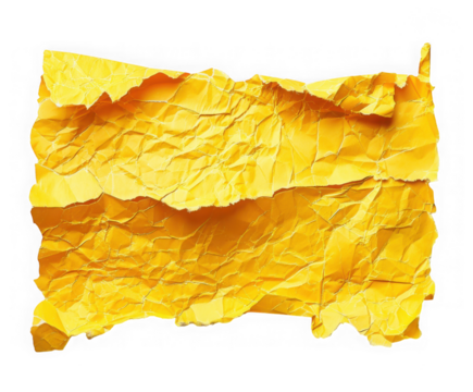 Crinkled textured golden paper sheet isolated on transparent background