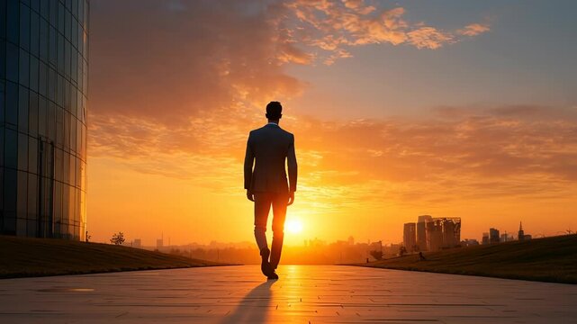 Cinematic Silhouette of Businessman Walking Through City at Sunrise Inspiring Morning Scene