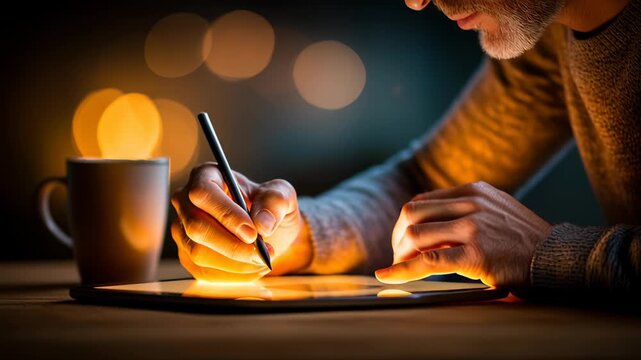 Working on Tablet with Stylus in Warm Ambient Lighting for Creative and Focused Home Atmosphere