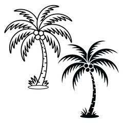 Tropical Coconut Palm Tree Vector Set with White Background &ndash; Silhouette and Line Art Illustration