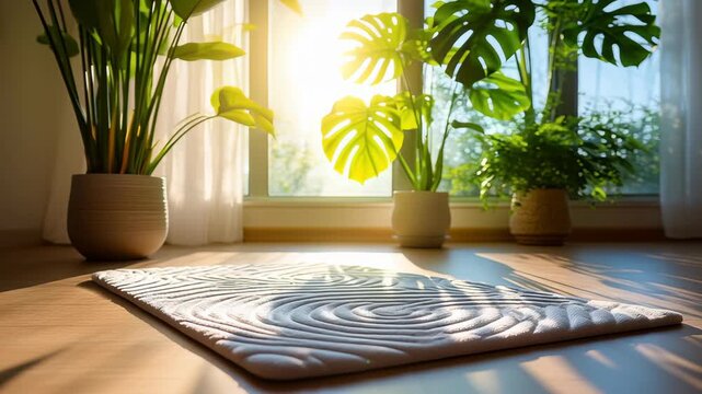 Serene Meditation Space Sunlit Room with Floor Mat and Indoor Plants Creating Serene Atmosphere with Sunlight Streaming Through Window