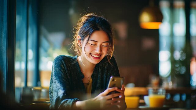 Young Asian Woman Smiling Using Smartphone in Cozy Cafe Creating Candid Relaxed Atmosphere