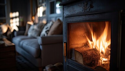 Cozy wood stove fire in a living room