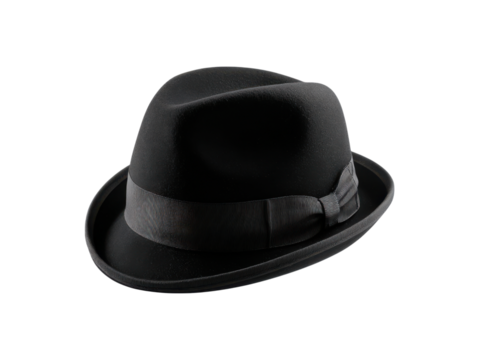 Black fedora hat with grey ribbon band image, Isolated, Png Transparent Background