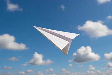Paper Airplane Gliding Across a Cloudy Blue Sky Representing Dreams and Freedom