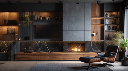 Modern minimalist living room with fireplace and built-in shelving
