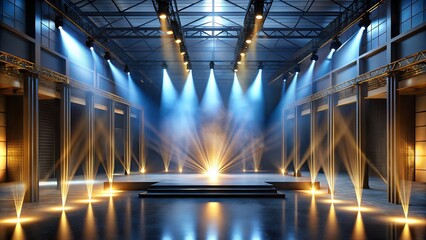 Dramatic Industrial Stage Lighting:  Modern Event Space, Blue and Gold Accent Lighting,  Reflective Floor.