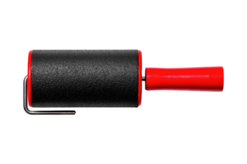 A cylindrical tool, mostly black with a red end cap.  Features a metal hook attachment