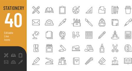 Stationery Editable Icons set. Vector illustration in modern thin line style of school supplies related icons: pencil, pen, ruler, and more. Isolated on transparent background.