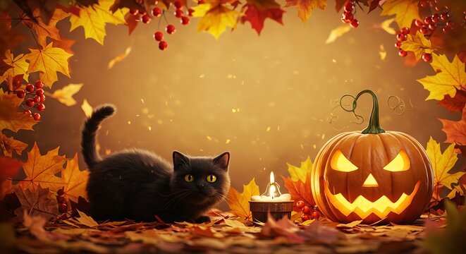 retro style halloween banner with a black cat and jack olantern surrounded by autumn leaves, subject at the bottom with clear copy space at the top for text