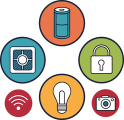 Five circular icons representing smart home technology and security wifi