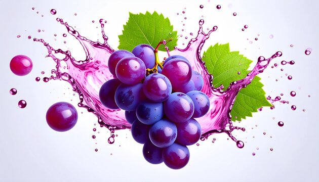A vibrant cluster of purple grapes with a splash of juice and green leaves.
