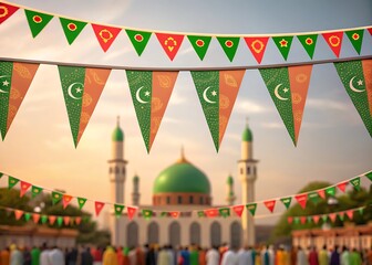 Obraz premium Islamic banners with crescent moons flutter near mosque